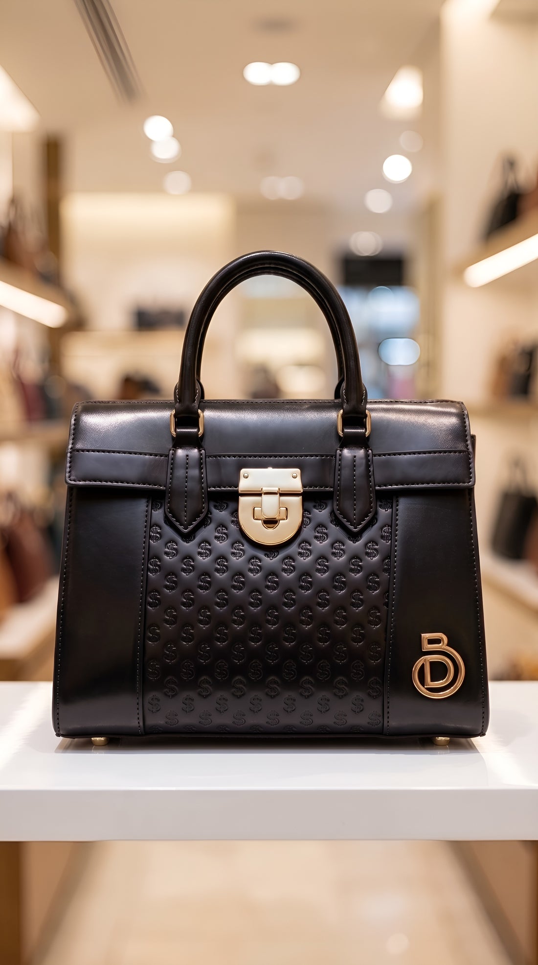 Black Dollar Bill structured top-handle handbag with embossed front panel and gold-tone clasp