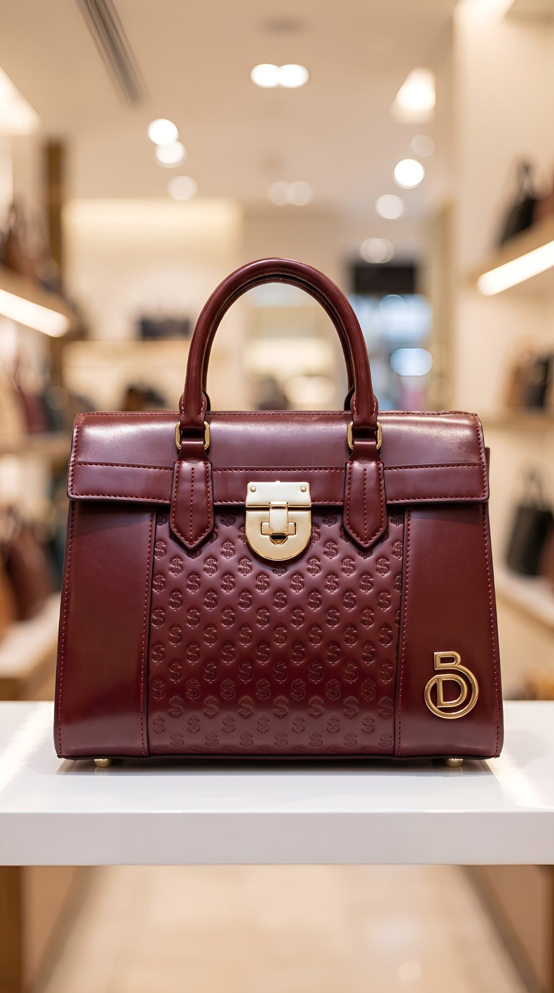 Maroon Dollar Bill structured top-handle handbag with embossed front panel and gold-tone clasp