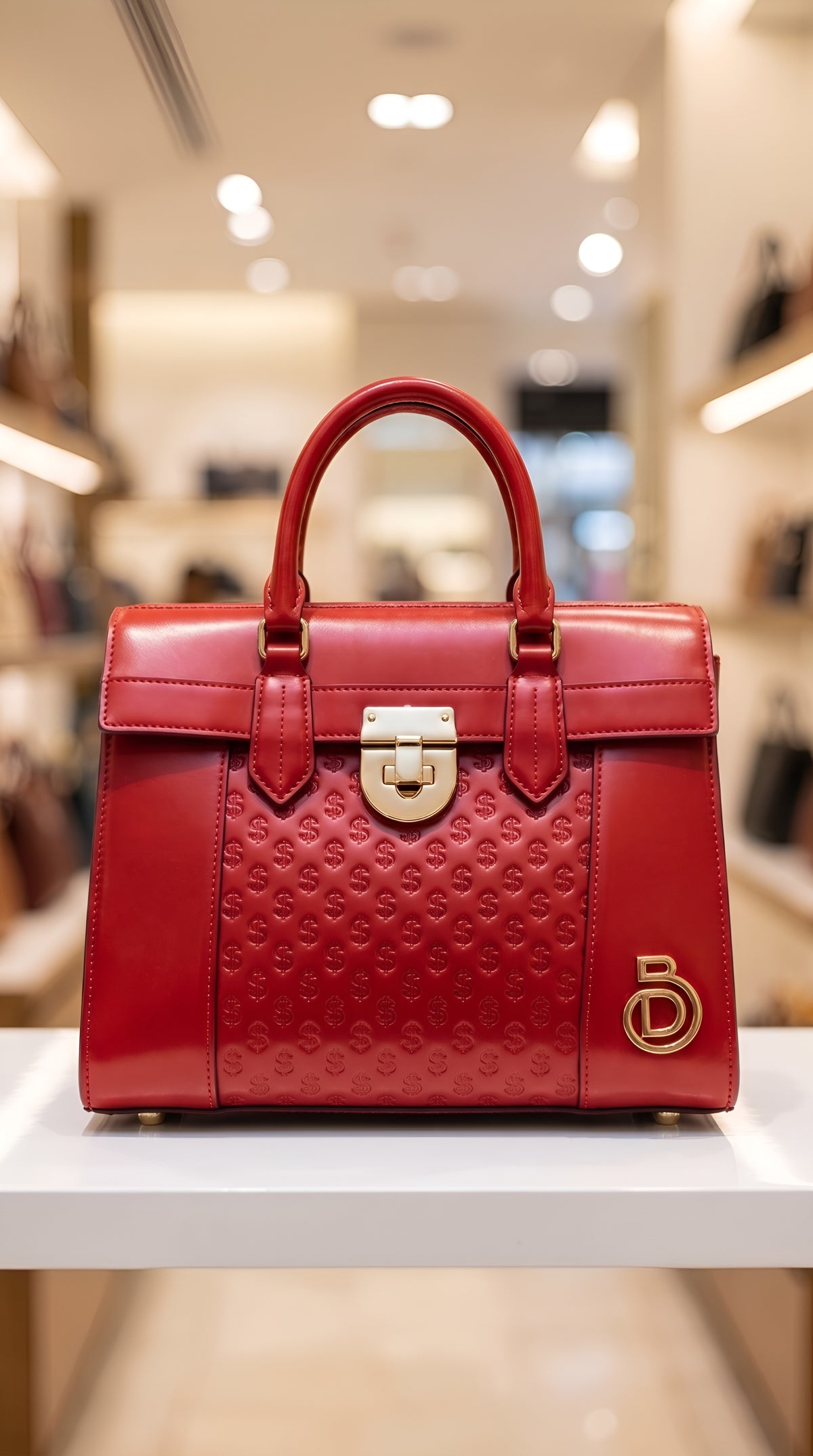 Red Dollar Bill structured top-handle handbag with embossed front panel and gold-tone clasp